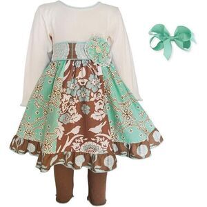 Ann Loren BNWT Girl's Autumn Outfit Mint Green Floral & Birds‎ Dress Size 9-10